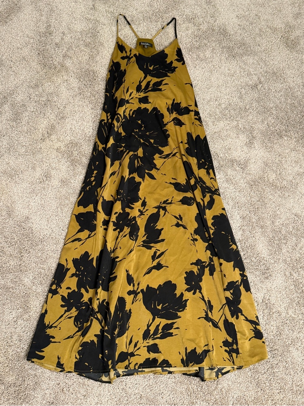 Nicole Miller Mustard Yellow Slip Dress with Black Floral Print